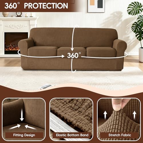 4 Pieces Stretch Couch Covers for 3 Cushion Sofa Cover Decorative Sofa Slipcover Non Slip Washable Thick Soft Elastic Furniture Protector for Pets,(Large, Coffee)