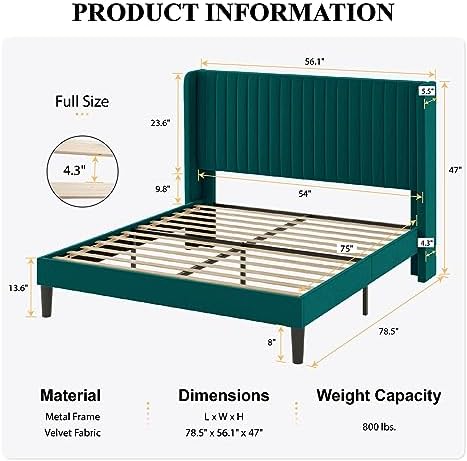 SHA CERLIN Full Size Velvet Bed Frame, Tufted Wingback Headboard, Teal
