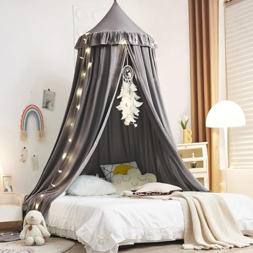 Kertnic Decor Princess Canopy for Girls Bed, Soft Smooth Playing Tent Canopy Room Decoration Castle, Dreamy Mosquito Net Bedding, Reading Nook Canopies in Home (Gray)