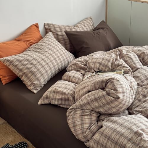 mixinni Vintage Buffalo Plaid Duvet Cover Set Full Size - 3 Piece Washed Cotton Bedding Set, Neutral Brown Beige Coffee Grid Plaid Comforter Cover with Pillowcases, Retro Bedding for All Seasons