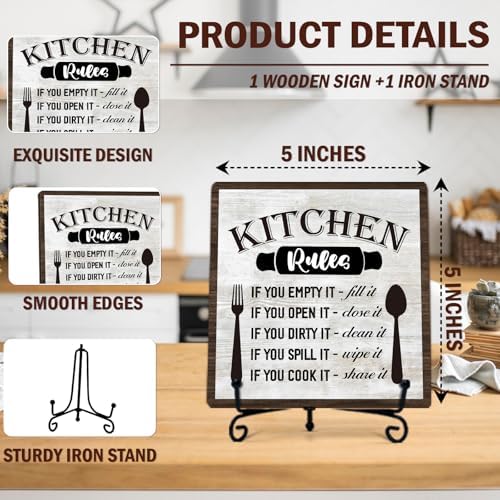 DETIHO Farmhouse Kitchen Decor, Rustic Kitchen Rules Sign Counter Decor