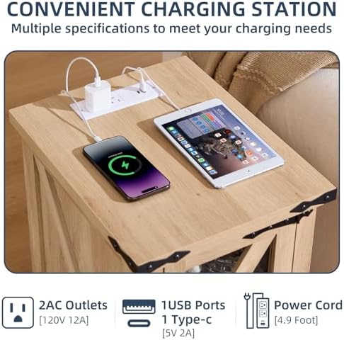 Joaxswe Narrow Night Stand Set 2 with Charger Station, Glass Barn Door