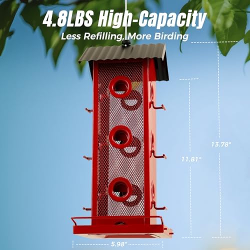 All Metal Bird Feeder for Outdoors Hanging | 14-Port Multi-Bird Viewing | Rust-Proof, Waterproof & Easy-Clean | Attracts Cardinals, Finches, Chickadees & More (Elegant Red & Black)