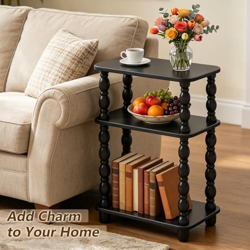 Narrow Side Table, Small End Table with 3 Tier Shelf, Retro Couch Side Table for Living Room, Vintage Farmhouse End Table, Bedroom Skinny Bedside Table Nightstand(Black)