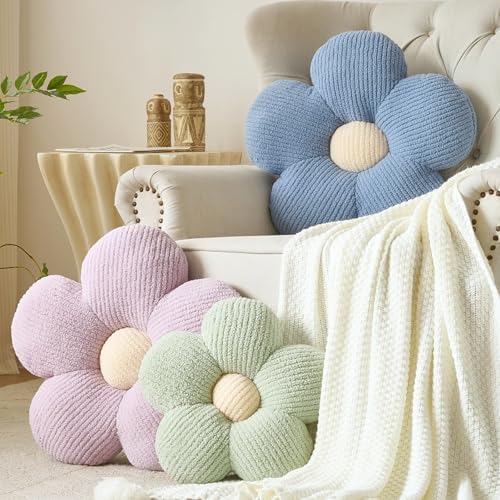 Flower Pillow, Decorative Throw Pillow for Couch, Cute Decor Pillows for Bed, Aesthetic Flower Shaped Pillow Fun Cushion (Green, 14.9 Inches)