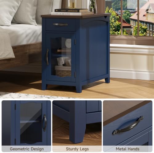 ONBRILL Rustic End Table with Charging Station, Narrow Side Table, Blue