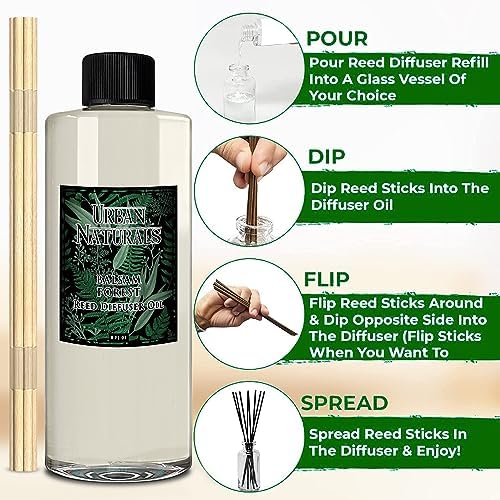 Urban Naturals Reed Diffuser Oil Refill Balsam Forest with Balsam Fir, Pine Needles, Evergreen, Cedar, Sandalwood 8 oz + Free Reed Sticks, Made in the USA