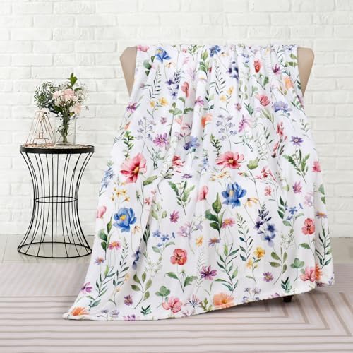 Floral Blanket Colorful Plants Wildflowers Throw Blanket Botanical Flowers Printed Blankets Soft Cozy Flannel Fleece Bed Blankets for Couch Sofa Bed Lounging