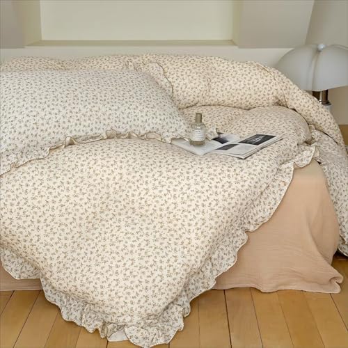 BuLuTu Kids Floral Duvet Cover Twin Girls Quilt Cover Ruffled Bedding Shabby Chic Princess Comforter Cover with Pillowcases, Oeko-TEX Certified Cotton Muslin, Soft Lightweight, Camellia Pattern