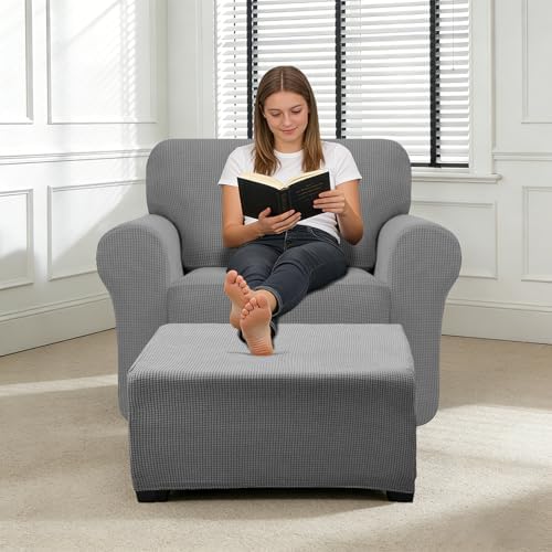2 Piece Stretch Chair and Ottoman Cover Set, Jacquard Accent Armchair and Foot Stool Slip Cover, Non-Slip Slipcover for Chair with Footrest (Light Gray,2 Pieces Set)