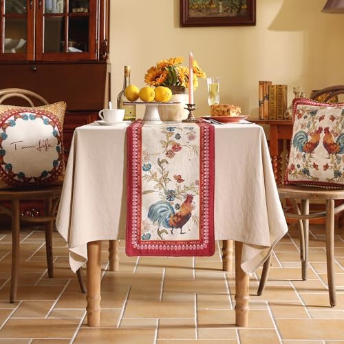 patdrea Designer Farmhouse Linen Extra Long Table Runner,Rustic Cottage Mauve with Rooster and Floral Pattern Fabric Table Mat,Decoration for Kitchen Dining Christmas New Year Banquet, 12"*118"