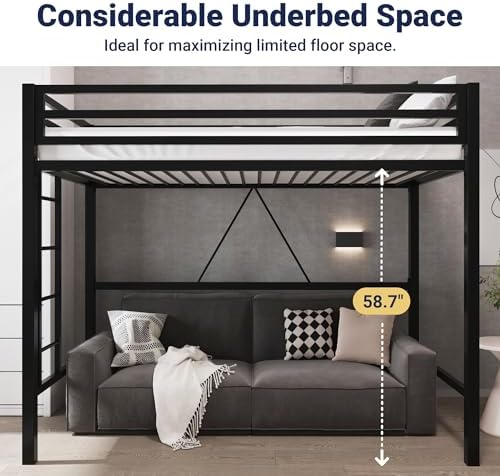 Allewie Metal Loft Bed Twin Size with Guardrail and Ladder,Black