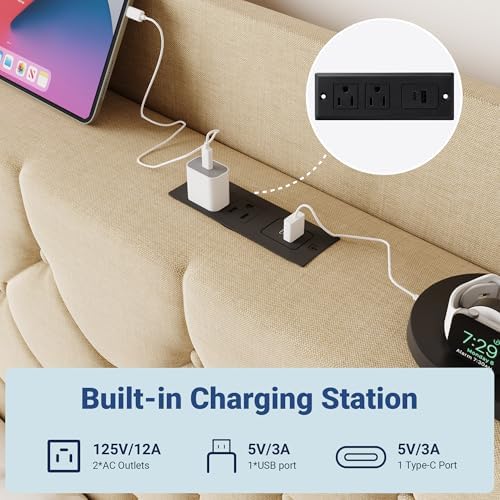 Allewie King Size Bed Frame, Storage Headboard & Charging Station, Beige