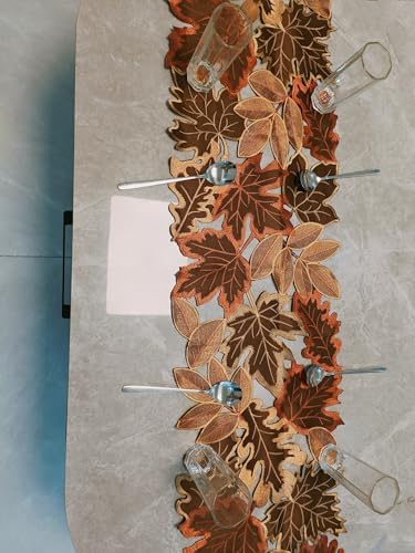 Fall Leaf Embroidered Table Runner 69 Inches for Thanksgiving and Autumn Harvest Decoration (16''x69'', Coffee Colored Maple Leaves)