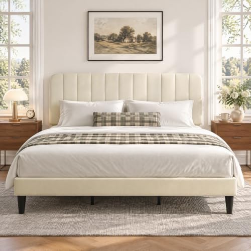 VECELO King Size Bed Frame with Upholstered Headboard, Velvet Platform Bedframe Mattress Foundation, Strong Wood Slat Support, No Box Spring Needed,Velvet Beige