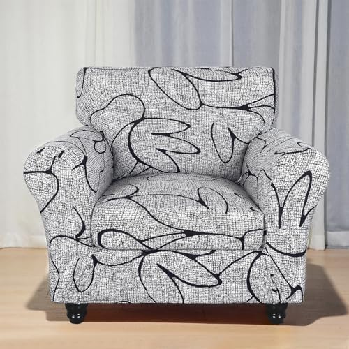 SearchI Stretch Sofa Cover Printed Couch Covers, Floral Pattern 2 Piece Armchair Slipcover with Separate Chair Cushion Cover, Washable Furniture Protector for Living Room(Armchair, Grey Lotus+White)