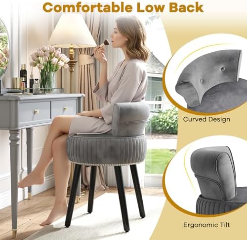 CHARMAID Velvet Vanity Chair for Bedroom, Elegant Accent Chair with Tufted Low Back, Solid Wood Legs, Upholstered Seat, Modern Makeup Stool for Dressing Room, Home Office (Gray & Black)