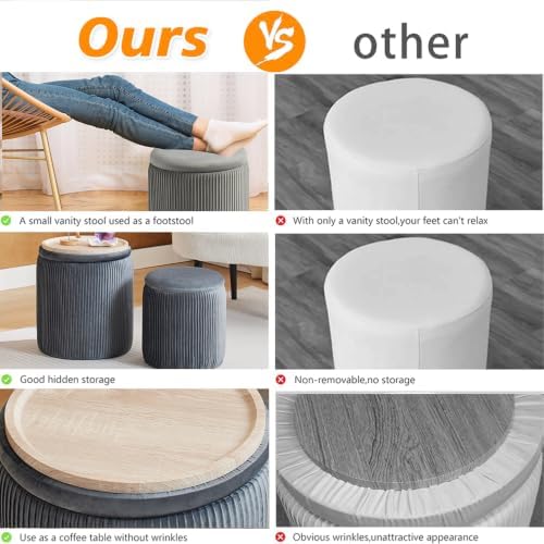 BLEXA Storage Ottoman Round, Set of 2, Velvet Vanity Stool,Light Grey