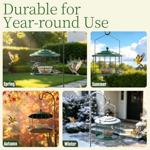 Birdream Metal Cage Bird Feeder for Outdoors Hanging with Glass Bowl, Green