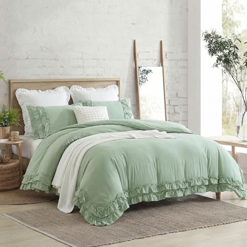 Bedorm Sage Green Ruffled Duvet Cover King Size Bedding Set Pleated Lace Ruffle Shabby Chic Bedroom Decor Extra Soft Cozy Farmhouse Country Style Duvet Cover Sets