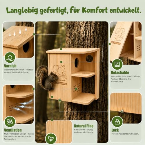 Large Squirrel Nesting Box Outdoor – Solid Pine Wood Squirrel House