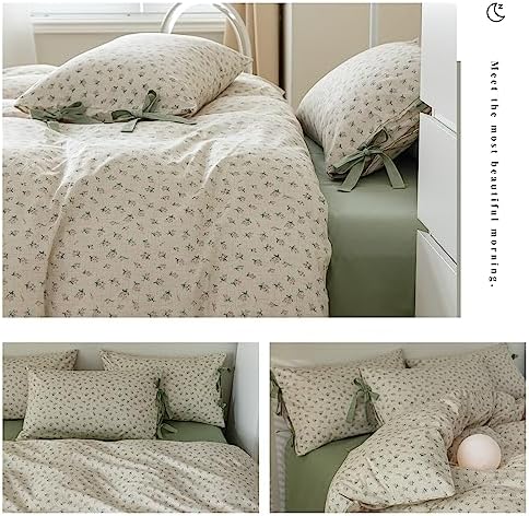 mixinni Country Style Duvet Cover Queen Size - Cottagecore Green Floral Vintage Bedding 3PC with Bow Ties Pillowcases, 100% Cotton Soft Aesthetic Boho Comforter Cover for Girls-Queen Size