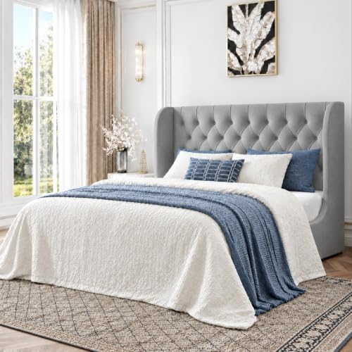 HOMBCK Full Size Bed Frame with Velvet Upholstered Headboard, Grey