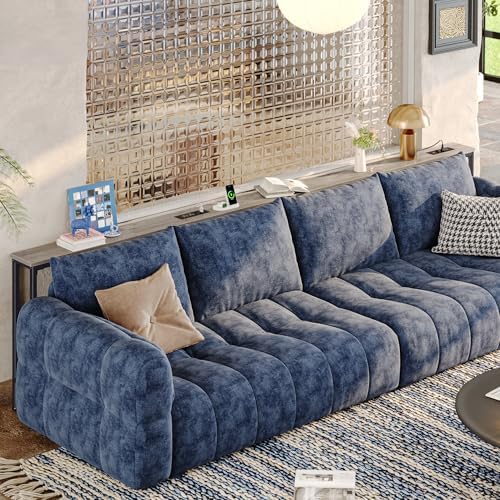 Huuger 110.2 Inch Behind Couch Table with 2 Power Outlets and USB-C Ports, Extra Long Narrow Sofa Table for Sectional Sofa, Skinny Console Table with Anti-Bump Pads, for Living Room, Oak