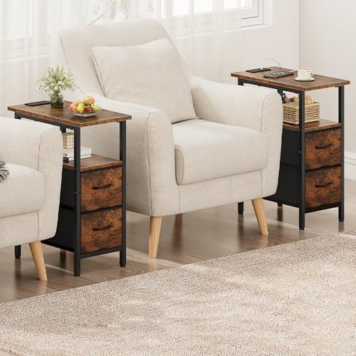 Vagusicc End Table with Charging Station Set of 2, Narrow Side Table, 23.8'' Tall Nightstand with 2 Drawers, Small Sofa Side Table Narrow Nightstand for Small Spaces Furniture, Bedroom, Rustic Brown