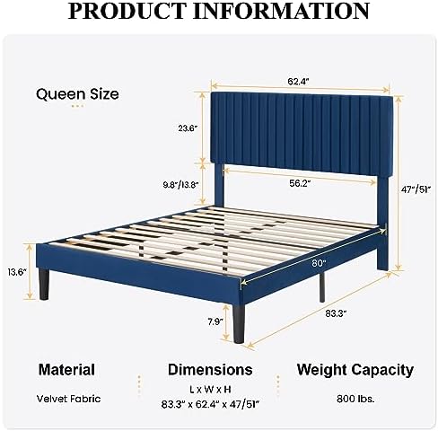 SHA CERLIN Queen Upholstered Platform Bed Frame with Vertical Channel Tufted Velvet Fabric Adjustable Headboard, Wooden Slats Support, Mattress Foundation, Box Spring Optional, Blue