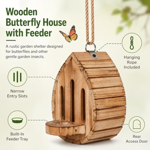 Wooden Butterfly House and Feeder for Outdoors, Natural Butterfly Habitat Nesting Box, Hanging Bug Hotel Garden Decoration for Butterflies, Bees, Moths