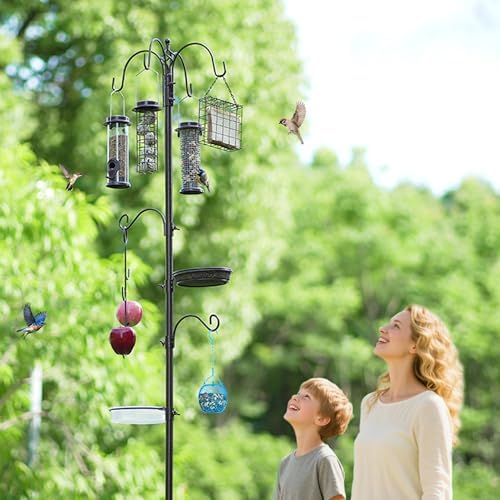 Bird Feeder Station with Suet Cage & Water Bowl Fruit Hook- Adjustable Pole, 6 Hanging Hooks for Wild Birds, Outdoor Garden Bird Feeding Kit