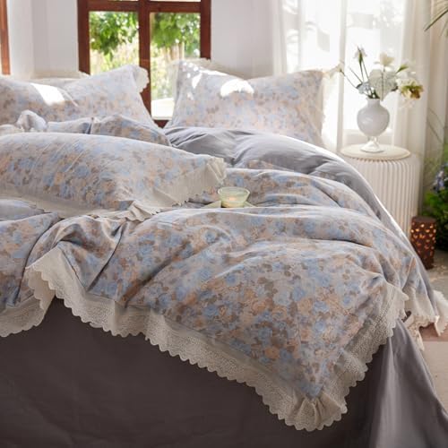 LifeTB 100% Cotton Muslin Duvet Cover Twin, Vintage Blue Floral Duvet Cover with Romantic Ruffle Lace, Botanical Flower Cottagecore Bedding Set, Breathable Gauze Comforter Cover Twin Size