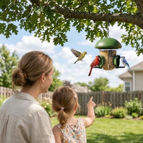 LONA Bird Feeder with 3 Compartments, Dome Bird Feeder for Outdoor, Green