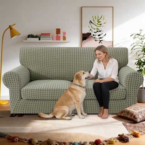 MAXIJIN 3 Pieces Stretch Couch Covers for 2 Cushion Couch Washable Sofa Cover with 2 Extra Large Seat Soft Loveseat Sofa Slipcovers with Non Slip Strap (Army Green), 71"-91"(2 XL Cushions)