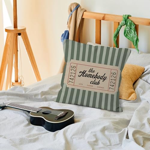 Trendy Retro the Homebody Club Throw Pillow Cover 18x18, Green Striped Cozy Aesthetic Decorative Pillow Covers for Home Bedroom Living Room Couch, Introvert Gifts Accent Pillows Cover Pillowcases