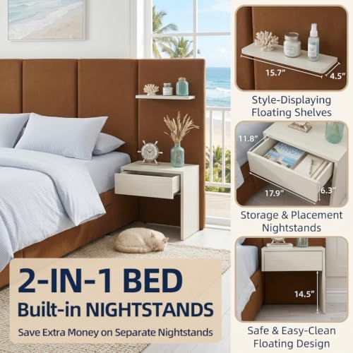 King Size Bed Frame with Storage & Built-in Nightstands & Drawers, Ocher