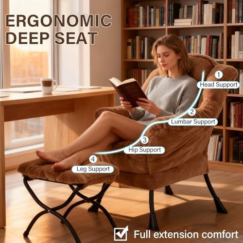 Welnow Lazy Chair with Ottoman, Reading Chair with Footrest, Brown