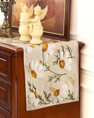 Canvas Embroidered Narrow 13"x 90" Table Runner, Beige Daisy