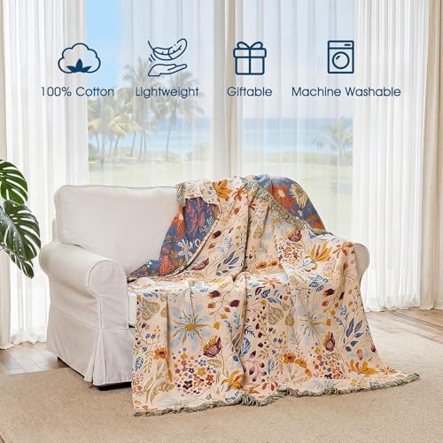 Cotton Throw Blanket Boho - 50"x60" Soft Floral Blankets, Sofa, Bed