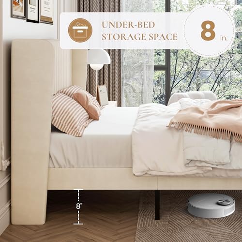 SHA CERLIN Full Size Velvet Bed Frame, Tufted Wingback Headboard, Cream