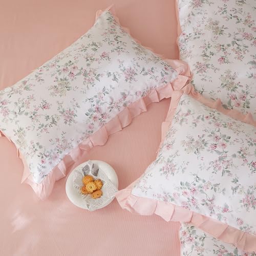 Pink Floral Duvet Cover Set King Size - 100% Cotton Romantic Ruffle Lace Bedding Set, Aesthetic Princess Bedding Reversible Pink Striped, Cottagecore Botanical Flower Duvet Cover for Girls Women