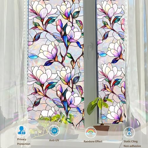 Rainbow Magnolia Stained Glass Window Privacy Film 17.5"x78.7"