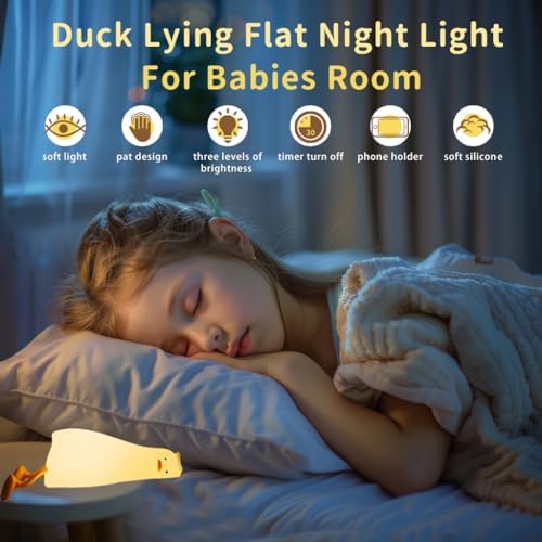 Duck Night Light LED, Lying Flat Silicone Duck Lamp, 3-Level Dimmable Cute Night Light, Rechargeable Touch Bedside Lamp, Nursery Baby Kids Room Decor, Breastfeeding Toddler Light