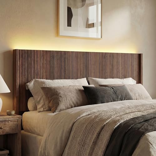 Queen Size Headboard Only, Modern Fluted Wall-Mounted Head Board with Lighting, Boho Wood Bed headboard Stylish Bedroom Decor, Espresso