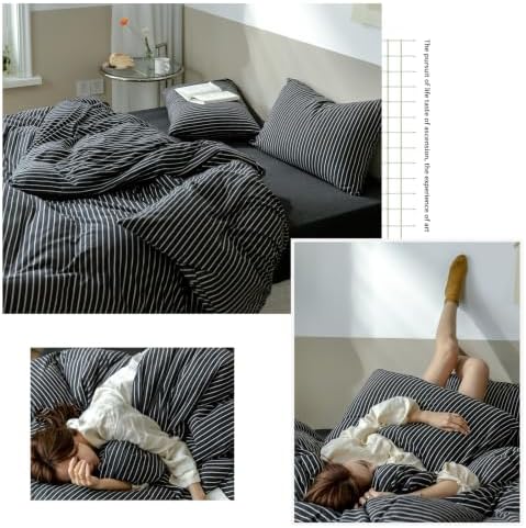 AOJIM Soft Jersey Knit Duvet Cover Queen 3Pcs Black-White Striped Bedding