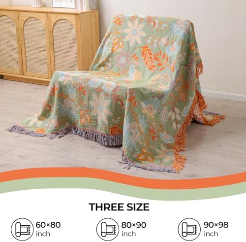 Floral Rustic Large Boho Throw Blanket 90"x98" Orange&Sage Green