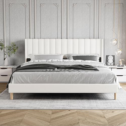 King Size Bed Frame with Velvet Upholstered Headboard, Beige