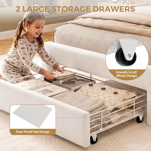 Kids LED Bed Frame with Storage Headboard & 2 Storage Drawers (Twin&Beige)