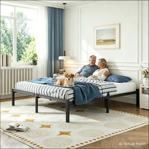 18 Inch Queen Size Metal Platform Bed Frame,Mattress Anti-Slip Design